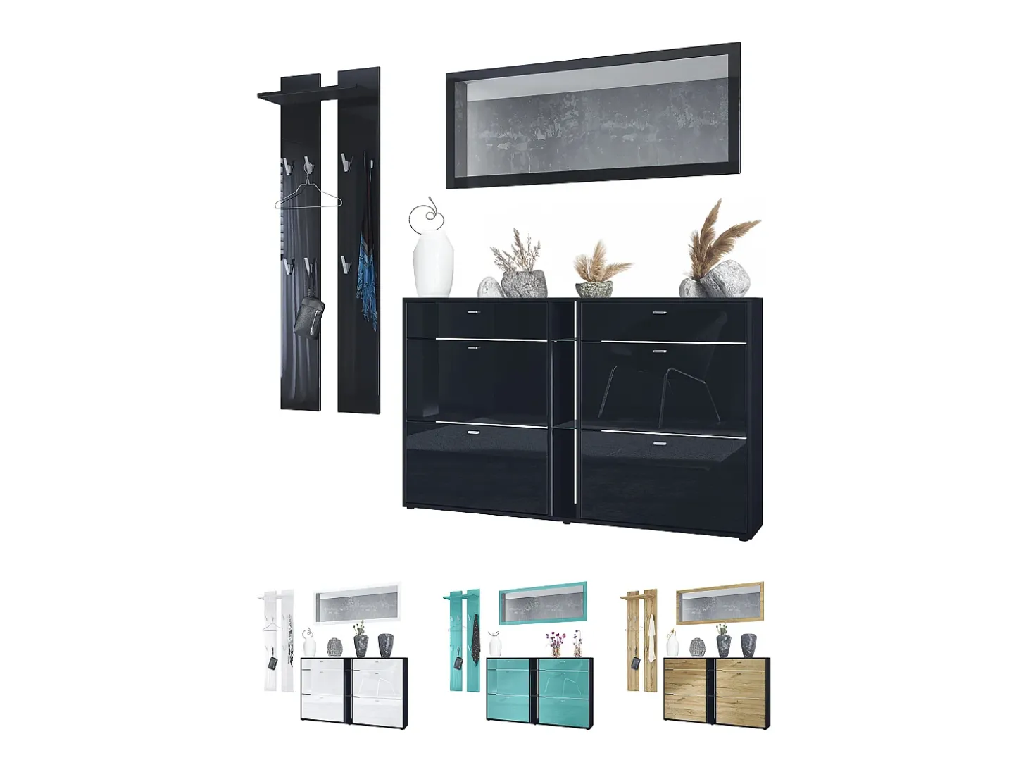 Conjunto de armario Orlando con zapatero, panel de pared y espejo de pared, negro mate/gris arena de alto brillo