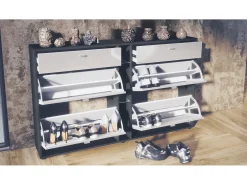 Conjunto de armario Orlando con zapatero, panel de pared y espejo de pared, negro mate/gris arena de alto brillo