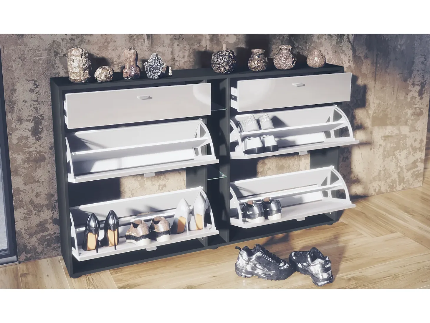 Conjunto de armario Orlando con zapatero, panel de pared y espejo de pared, negro mate/gris arena de alto brillo