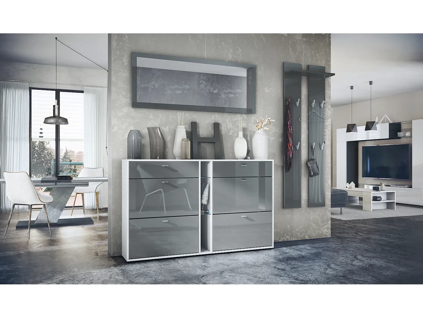 Conjunto de armario Orlando con zapatero, panel de pared y espejo de pared, blanco mate/gris de alto brillo