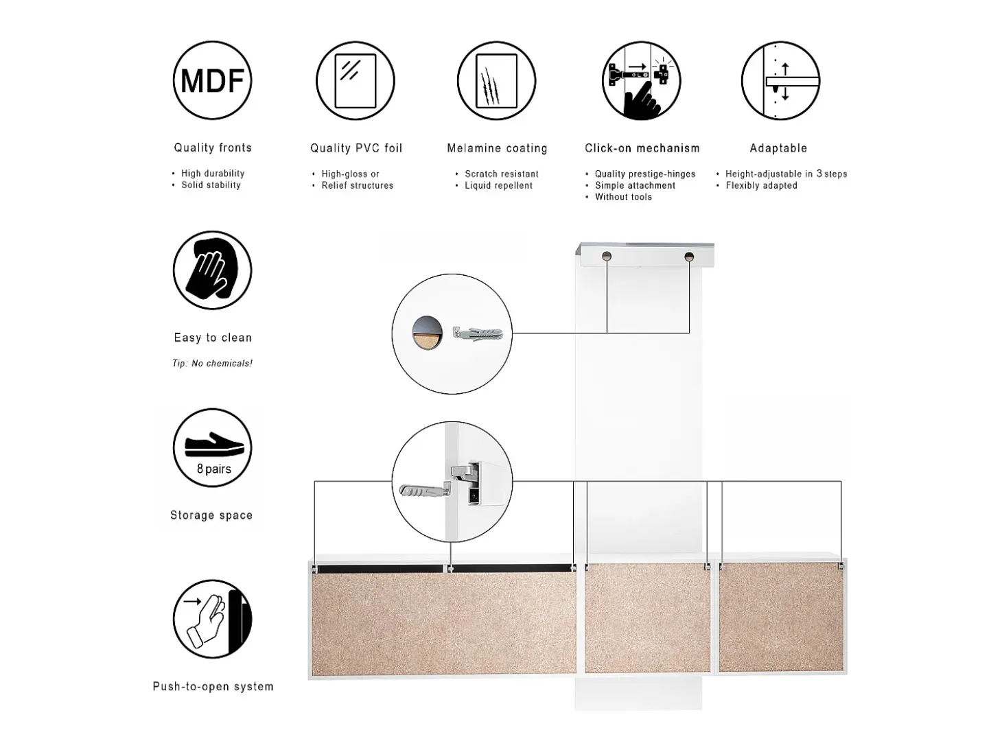 Conjunto de armario Vladon DualVista, compuesto por 1 panel para abrigos, 1 armario con cajones, 1 módulo de armario y 2 espejos, blanco mate/negro de alto brillo