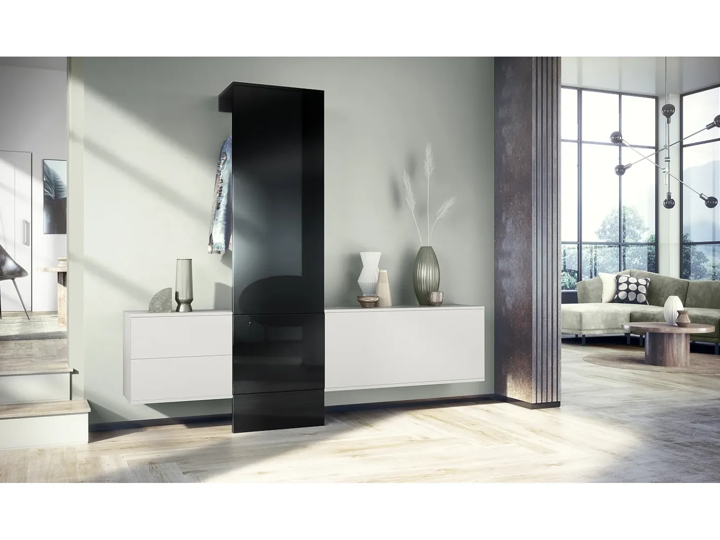 Conjunto de armario Vladon DualVista, compuesto por 1 panel para abrigos, 1 armario con cajones, 1 módulo de armario y 2 espejos, blanco mate/negro de alto brillo