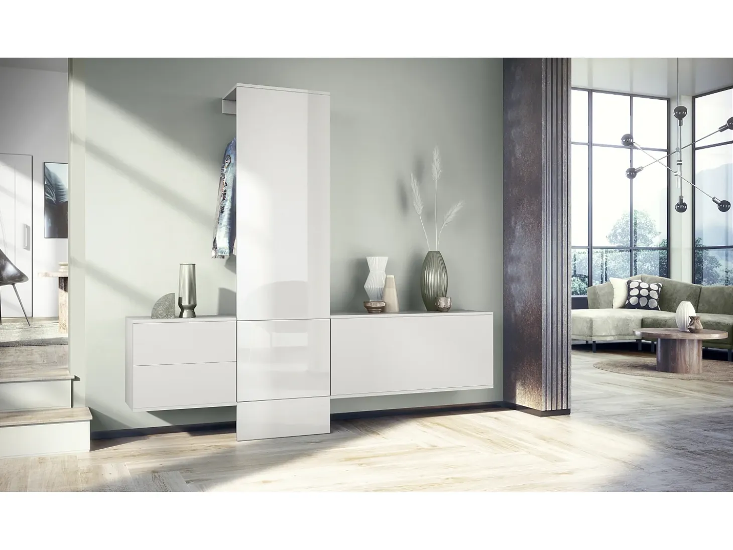 Conjunto de armario Vladon DualVista, compuesto por 1 panel para abrigos, 1 armario con cajones, 1 módulo de armario y 2 espejos, blanco mate/blanco de alto brillo
