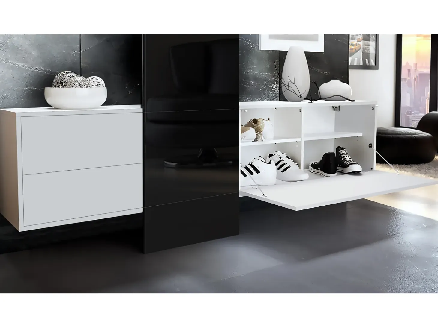 Conjunto de armario Vladon DualVista, compuesto por 1 panel para abrigos, 1 armario con cajones, 1 módulo de armario y 2 espejos, blanco mate/blanco de alto brillo