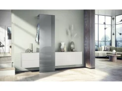 Conjunto de armario Vladon DualVista, compuesto por 1 panel para abrigos, 1 armario con cajones, 1 módulo de armario y 2 espejos, blanco mate/gris de alto brillo
