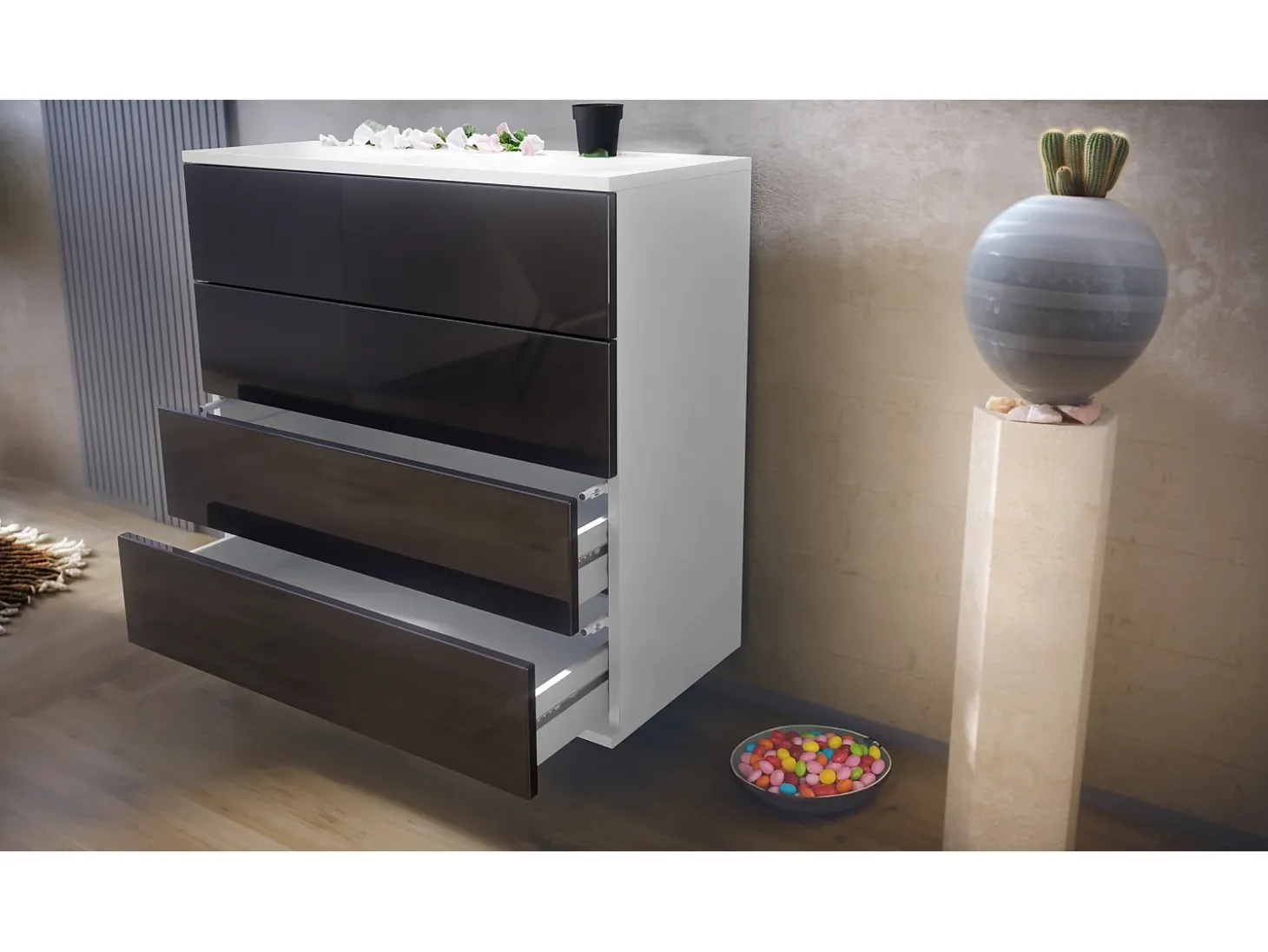 Conjunto de armario Vladon Hollywood, que consta de 1 cómoda con 4 cajones, 1 espejo y 1 juego de paneles de pared, blanco mate/negro mate.