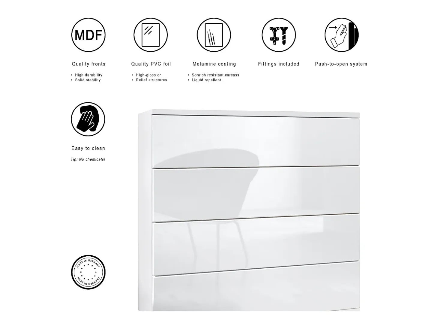 Conjunto de armario Vladon Hollywood, que consta de 1 cómoda con 4 cajones, 1 espejo y 1 juego de paneles de pared, blanco mate/negro mate.