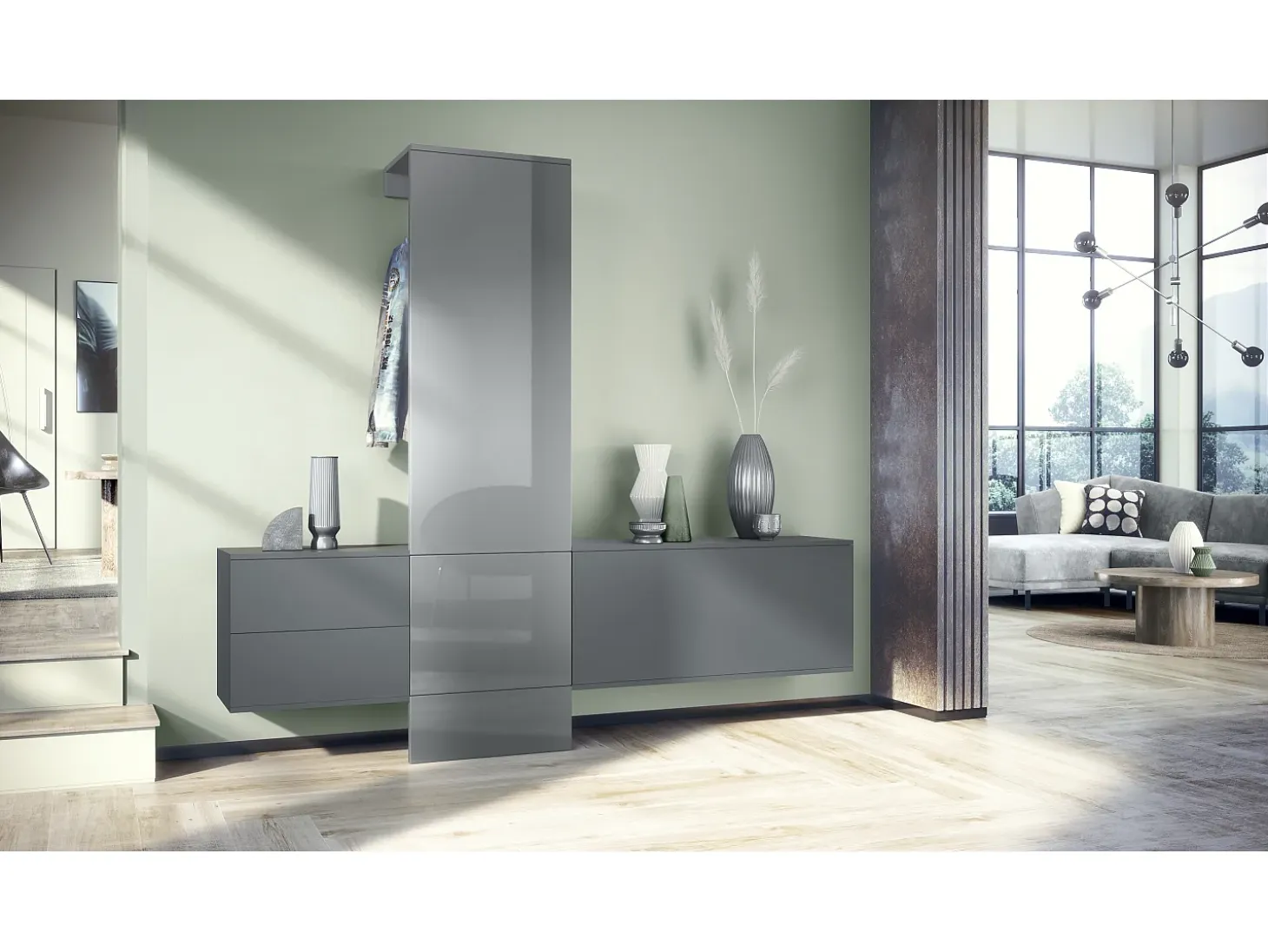 Conjunto de armario Vladon DualVista, compuesto por 1 panel para abrigos, 1 armario con cajones, 1 módulo de armario y 2 espejos, antracita mate/gris de alto brillo