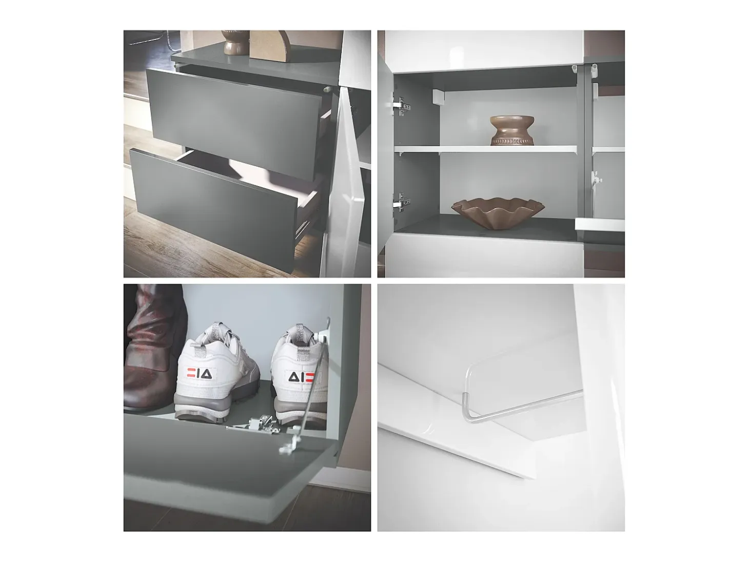 Conjunto de armario Vladon DualVista, compuesto por 1 panel para abrigos, 1 armario con cajones, 1 módulo de armario y 2 espejos, antracita mate/gris de alto brillo