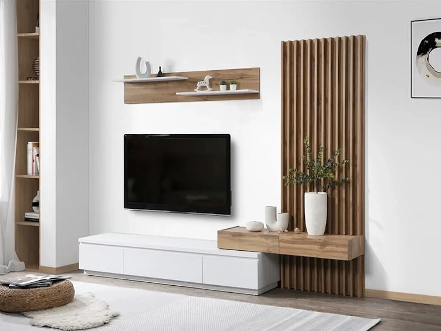 Conjunto de Comedor Con Mesa Tv y Panelado 250x200 cm - Blanco y Roble