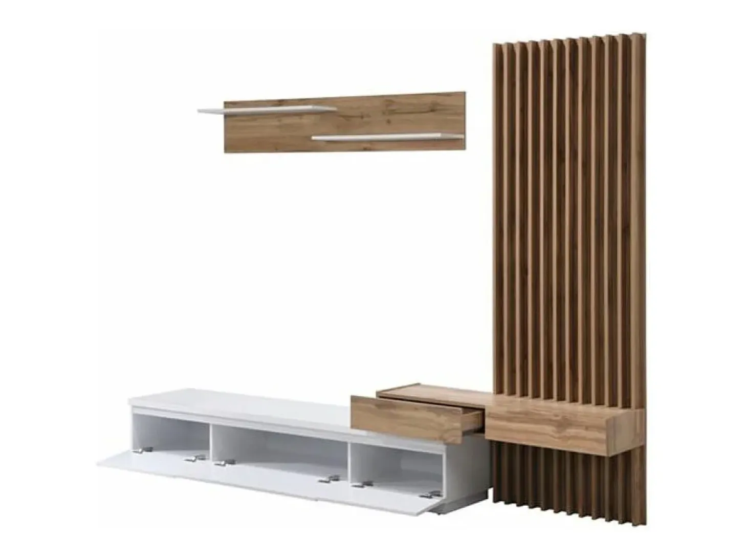 Conjunto de Comedor Con Mesa Tv y Panelado 250x200 cm - Blanco y Roble