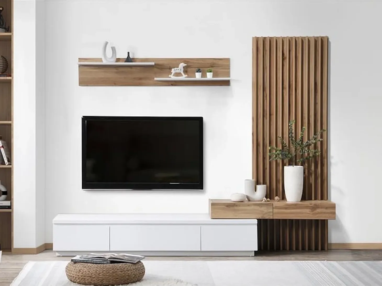 Conjunto de Comedor Con Mesa Tv y Panelado 250x200 cm - Blanco y Roble