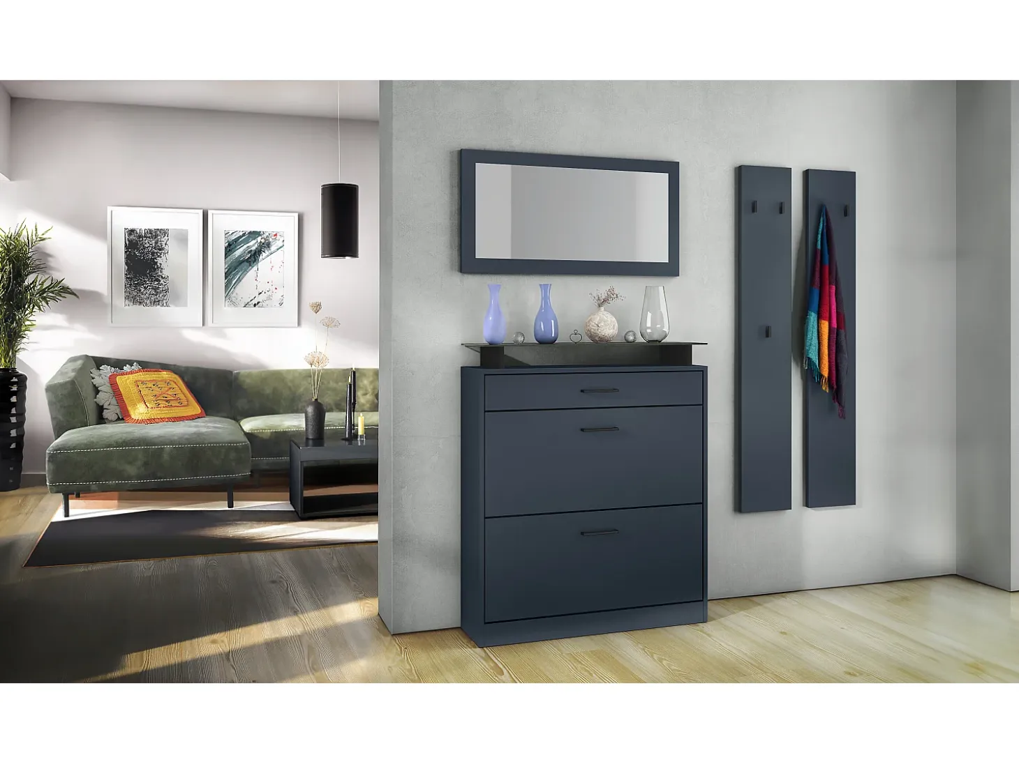 Conjunto de Entrada Enigma, Compuesto por 1 Zapatero, 1 Espejo de Pared y 2 Paneles Percheros Azul real
