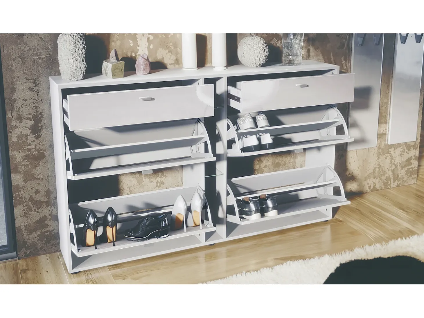 Conjunto de guardarropa Florence con zapatero y 2 espejos de pared, Hecho en ALEMANIA, blanco mate/gris arena de alto brillo