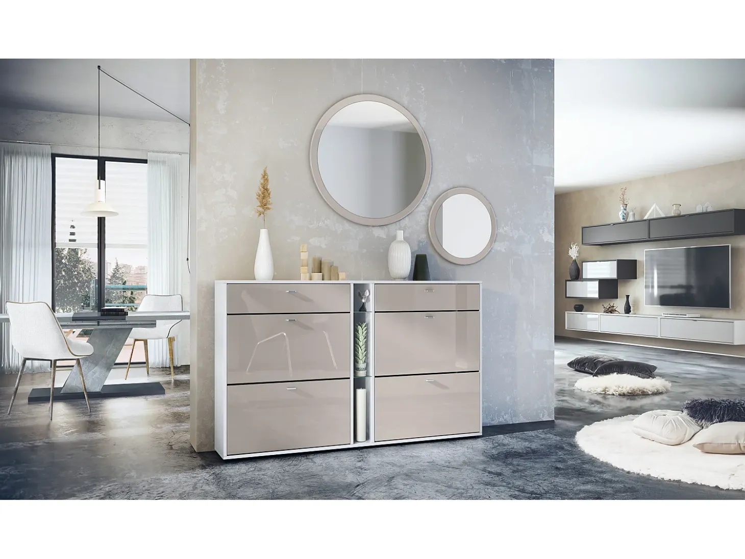 Conjunto de guardarropa Florence con zapatero y 2 espejos de pared, Hecho en ALEMANIA, blanco mate/gris arena de alto brillo