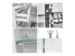 Conjunto de guardarropa Florence con zapatero y 2 espejos de pared, Hecho en ALEMANIA, blanco mate/gris arena de alto brillo