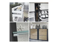 Conjunto de guardarropa Florence con zapatero y 2 espejos de pared, Hecho en ALEMANIA, negro mate/gris de alto brillo