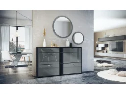 Conjunto de guardarropa Florence con zapatero y 2 espejos de pared, Hecho en ALEMANIA, negro mate/gris de alto brillo