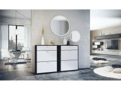 Conjunto de guardarropa Florence con zapatero y 2 espejos de pared, Hecho en ALEMANIA, negro mate/blanco mate