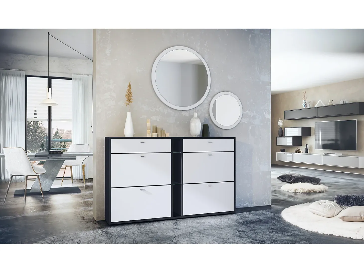 Conjunto de guardarropa Florence con zapatero y 2 espejos de pared, Hecho en ALEMANIA, negro mate/blanco mate