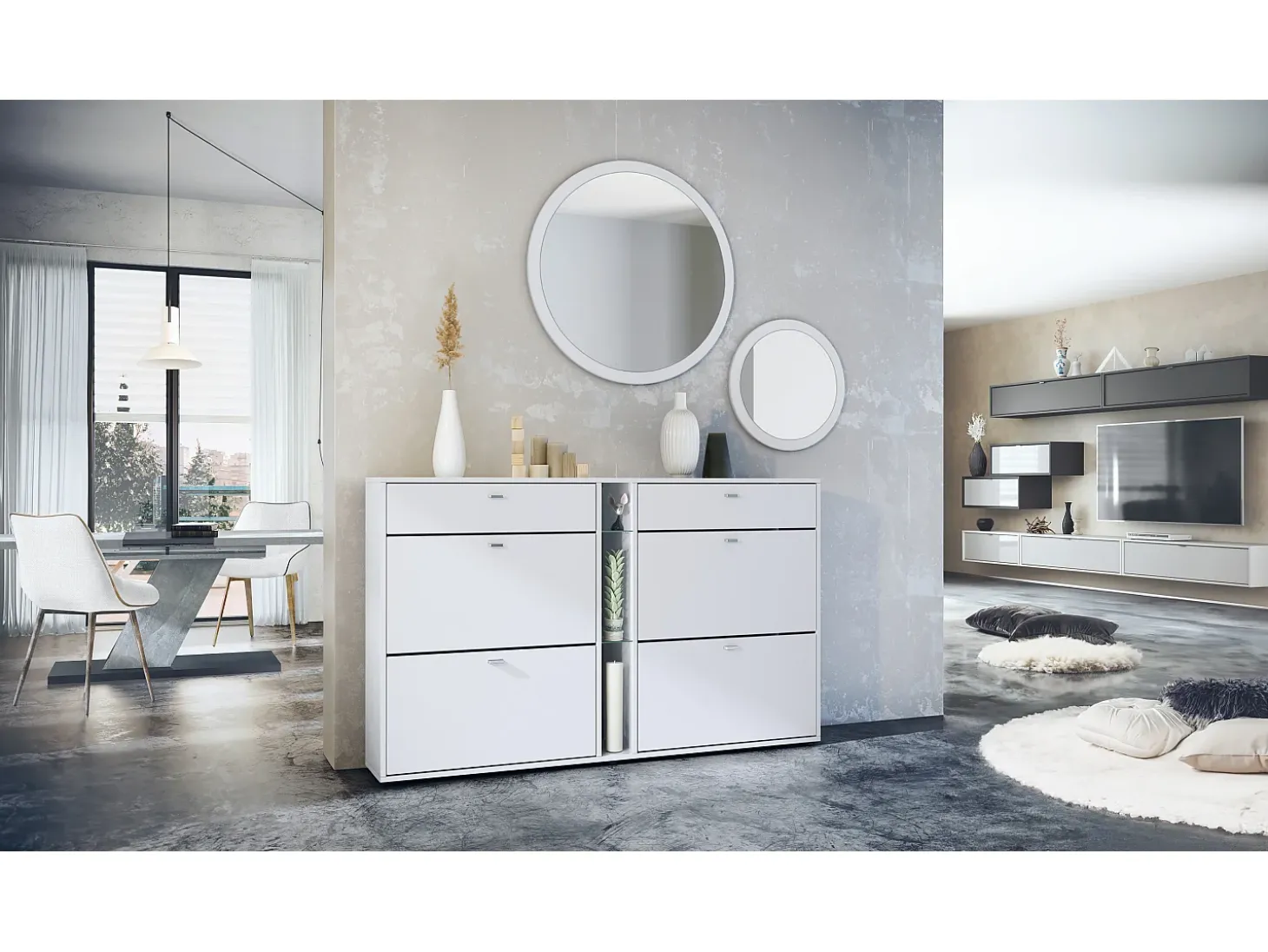 Conjunto de guardarropa Florence con zapatero y 2 espejos de pared, Hecho en ALEMANIA, blanco mate/blanco mate