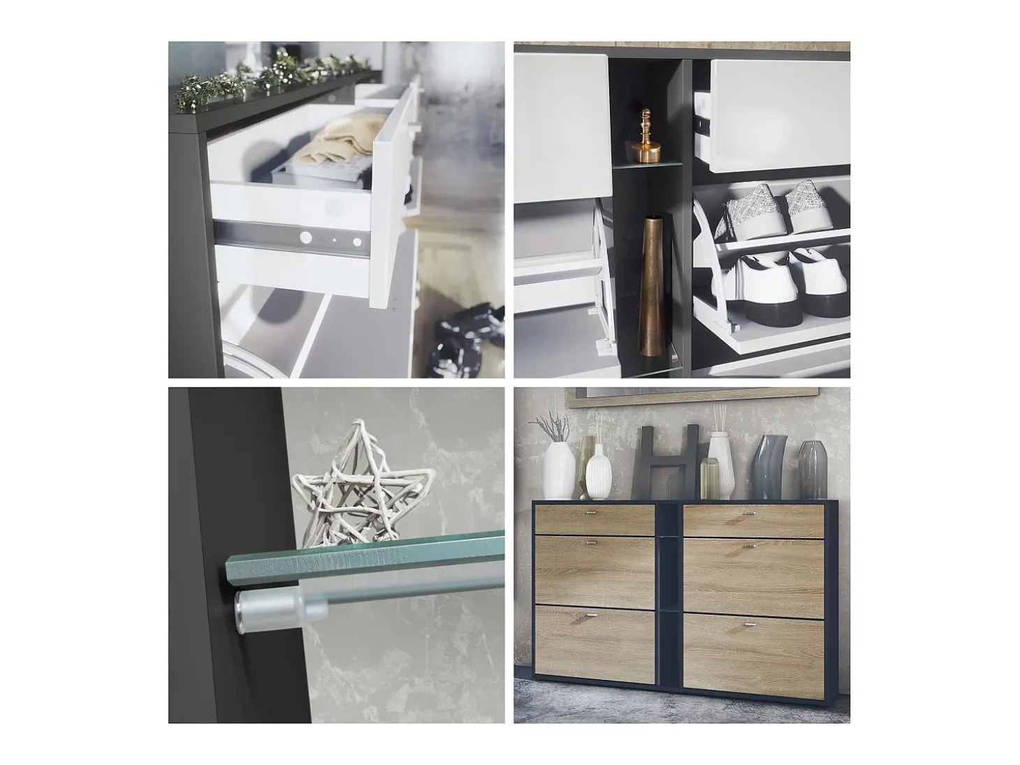 Conjunto de guardarropa Florence con zapatero y 2 espejos de pared, Hecho en ALEMANIA, negro mate/gris arena de alto brillo
