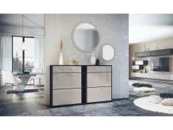 Conjunto de guardarropa Florence con zapatero y 2 espejos de pared, Hecho en ALEMANIA, negro mate/gris arena de alto brillo