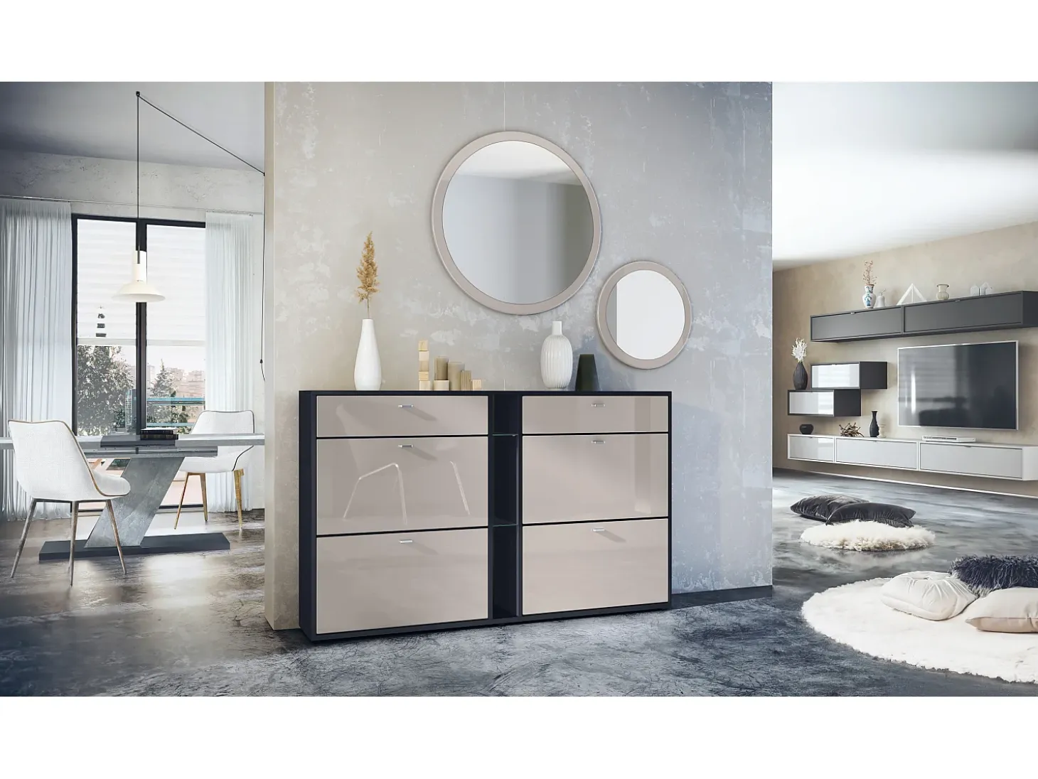 Conjunto de guardarropa Florence con zapatero y 2 espejos de pared, Hecho en ALEMANIA, negro mate/gris arena de alto brillo