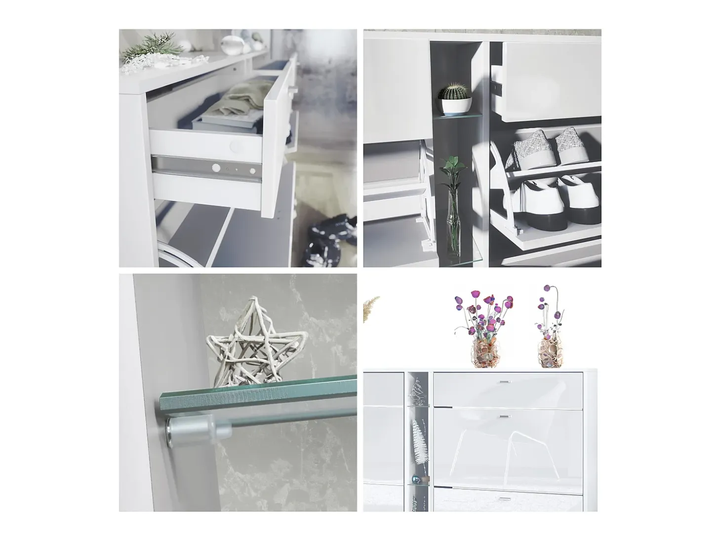 Conjunto de guardarropa Florence con zapatero y 2 espejos de pared, Hecho en ALEMANIA, blanco mate/hormigón oxidado