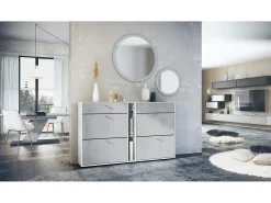Conjunto de guardarropa Florence con zapatero y 2 espejos de pared, Hecho en ALEMANIA, blanco mate/hormigón oxidado