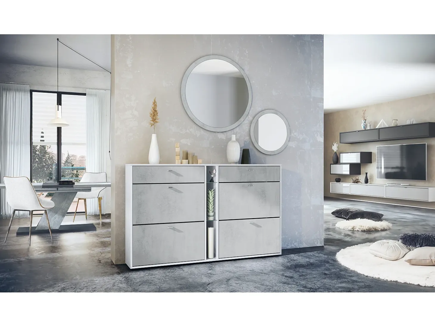 Conjunto de guardarropa Florence con zapatero y 2 espejos de pared, Hecho en ALEMANIA, blanco mate/hormigón oxidado