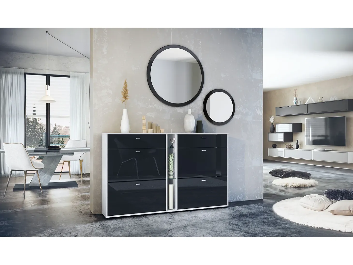 Conjunto de guardarropa Florence con zapatero y 2 espejos de pared, Hecho en ALEMANIA, blanco mate/negro de alto brillo