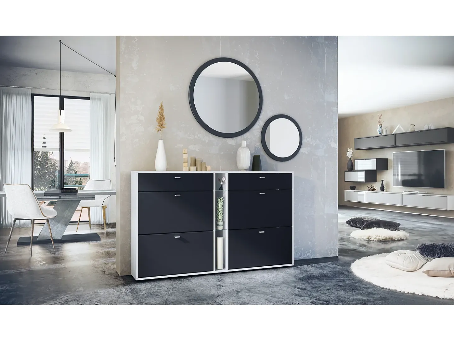 Conjunto de guardarropa Florence con zapatero y 2 espejos de pared, Hecho en ALEMANIA, blanco mate/negro mate