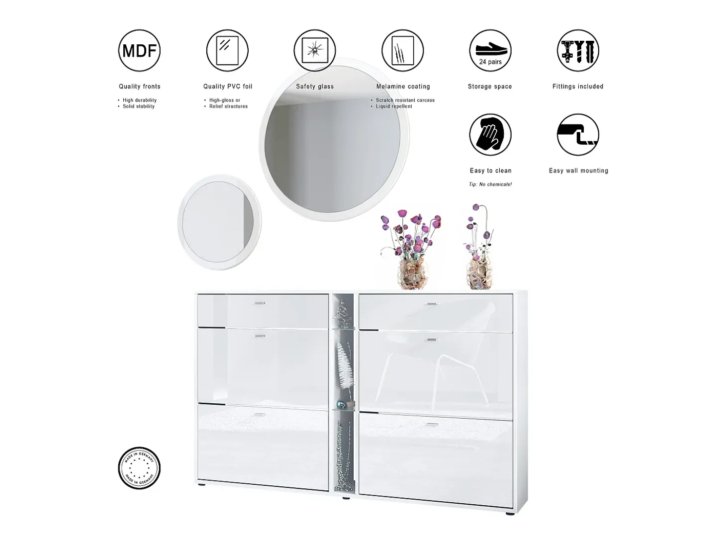 Conjunto de guardarropa Florence con zapatero y 2 espejos de pared, Hecho en ALEMANIA, blanco mate/negro mate