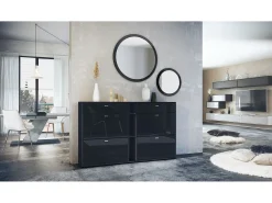 Conjunto de guardarropa Florence con zapatero y 2 espejos de pared, Hecho en ALEMANIA, negro mate/negro de alto brillo