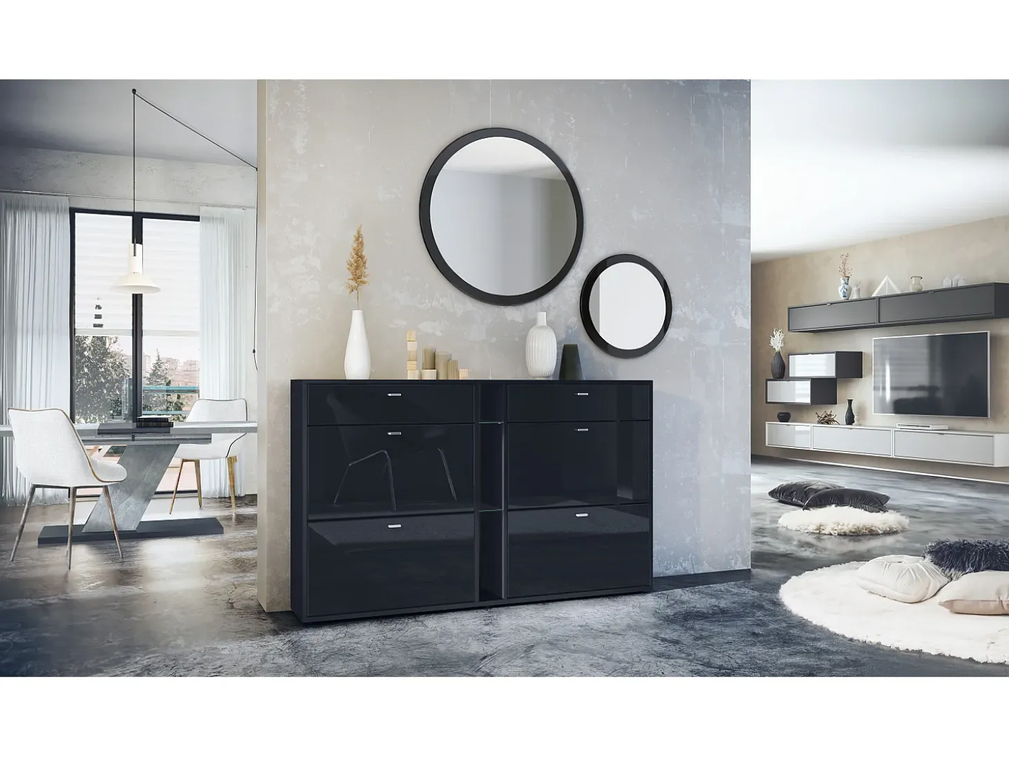 Conjunto de guardarropa Florence con zapatero y 2 espejos de pared, Hecho en ALEMANIA, negro mate/negro de alto brillo