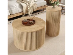 Conjunto de mesa de centro - Tablero redondo - Diseño de rayas verticales - MDF - Natural