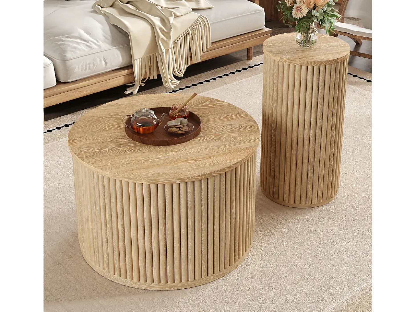 Conjunto de mesa de centro - Tablero redondo - Diseño de rayas verticales - MDF - Natural