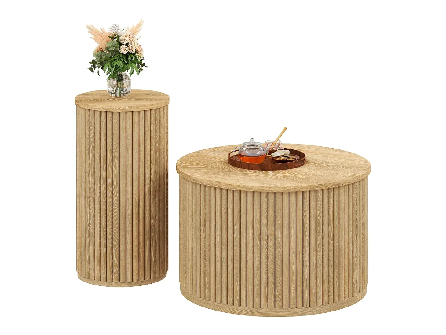 Conjunto de mesa de centro - Tablero redondo - Diseño de rayas verticales - MDF - Natural