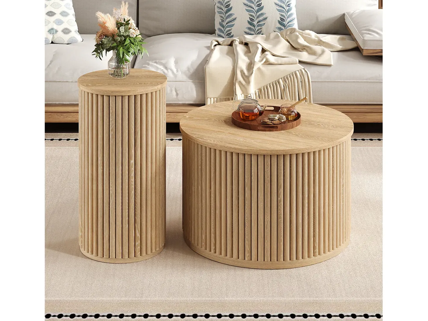 Conjunto de mesa de centro - Tablero redondo - Diseño de rayas verticales - MDF - Natural