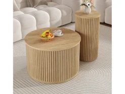 Conjunto de mesa de centro - Tablero redondo - Diseño de rayas verticales - MDF - Natural