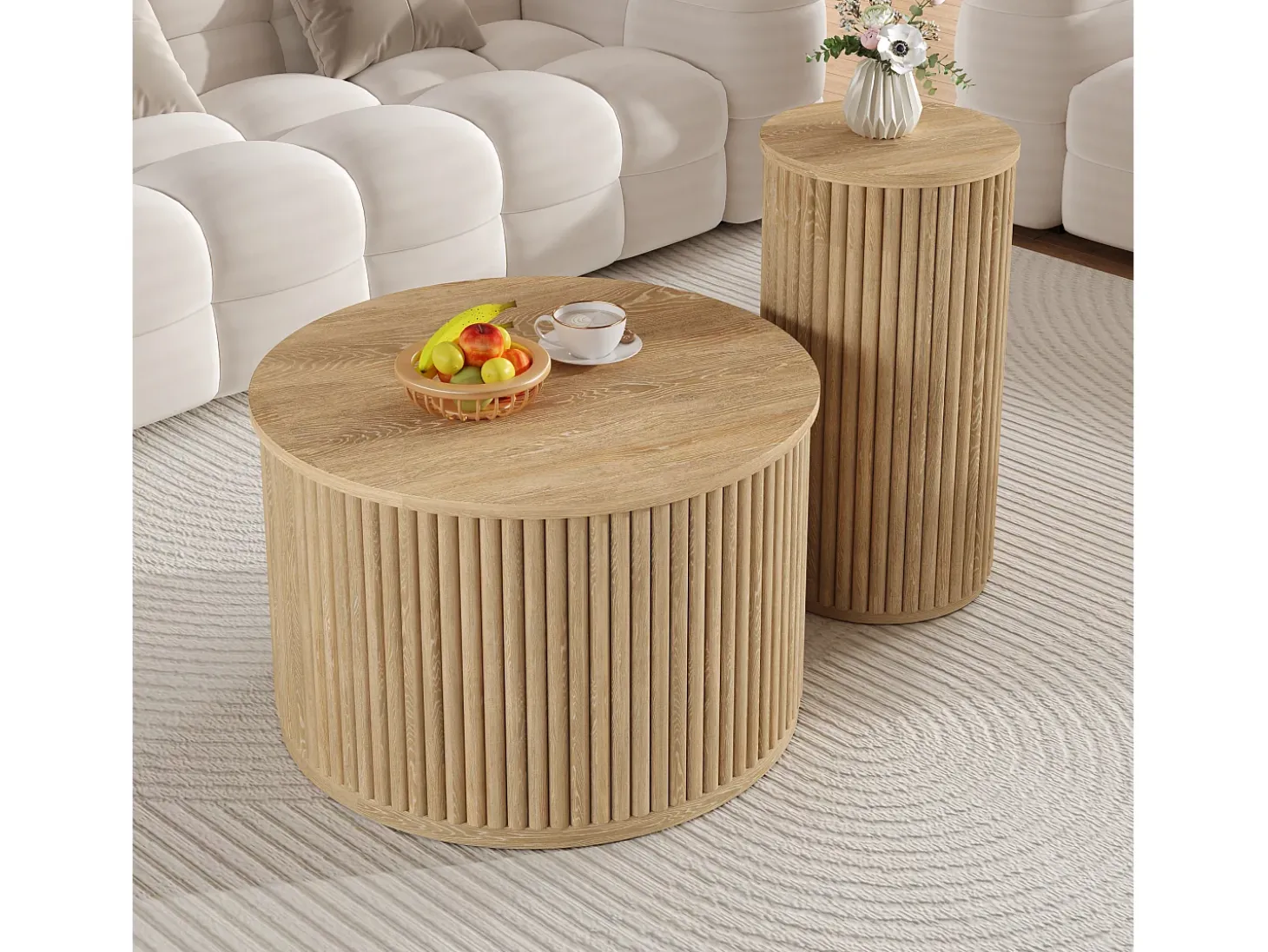Conjunto de mesa de centro - Tablero redondo - Diseño de rayas verticales - MDF - Natural