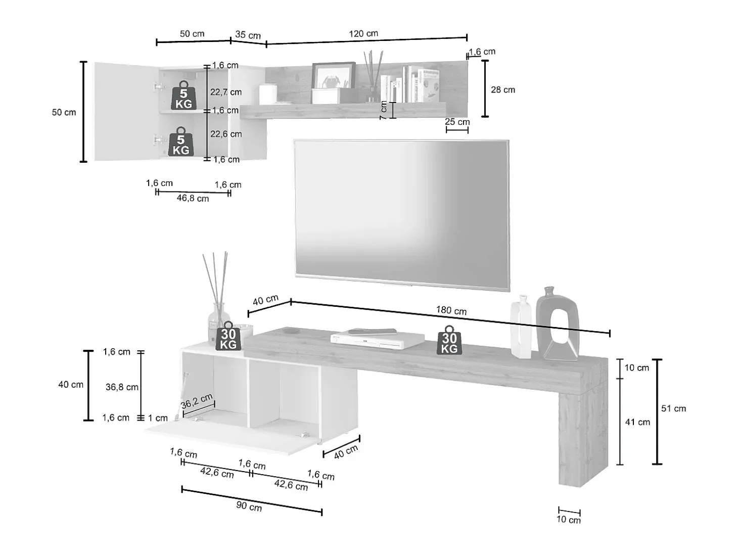 Conjunto de mueble de TV Chronos para salón, color antracita mate y roble, 180/260 x 40 cm