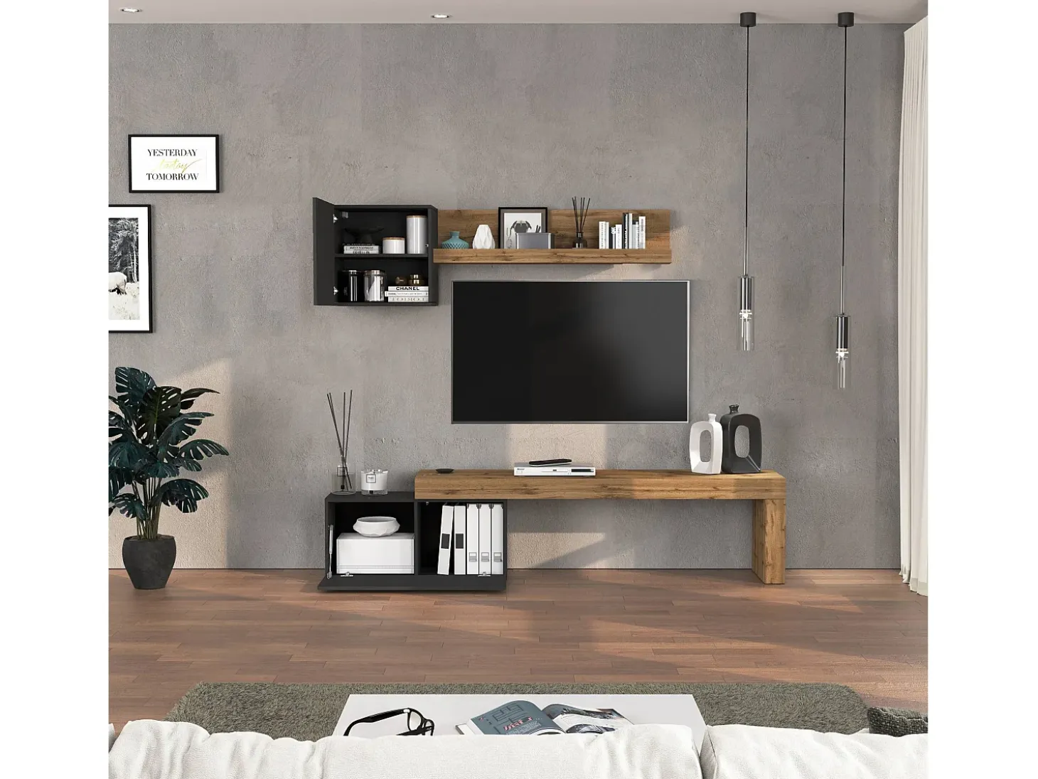 Conjunto de mueble de TV Chronos para salón, color antracita mate y roble, 180/260 x 40 cm