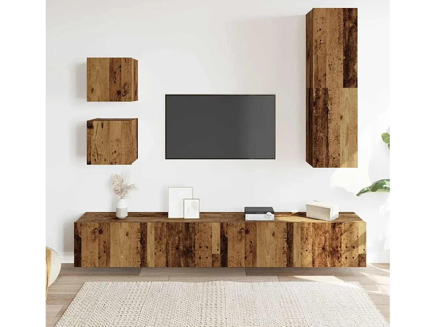 Conjunto de mueble de TV de pared de 5 piezas, madera vieja, madera de ingeniería