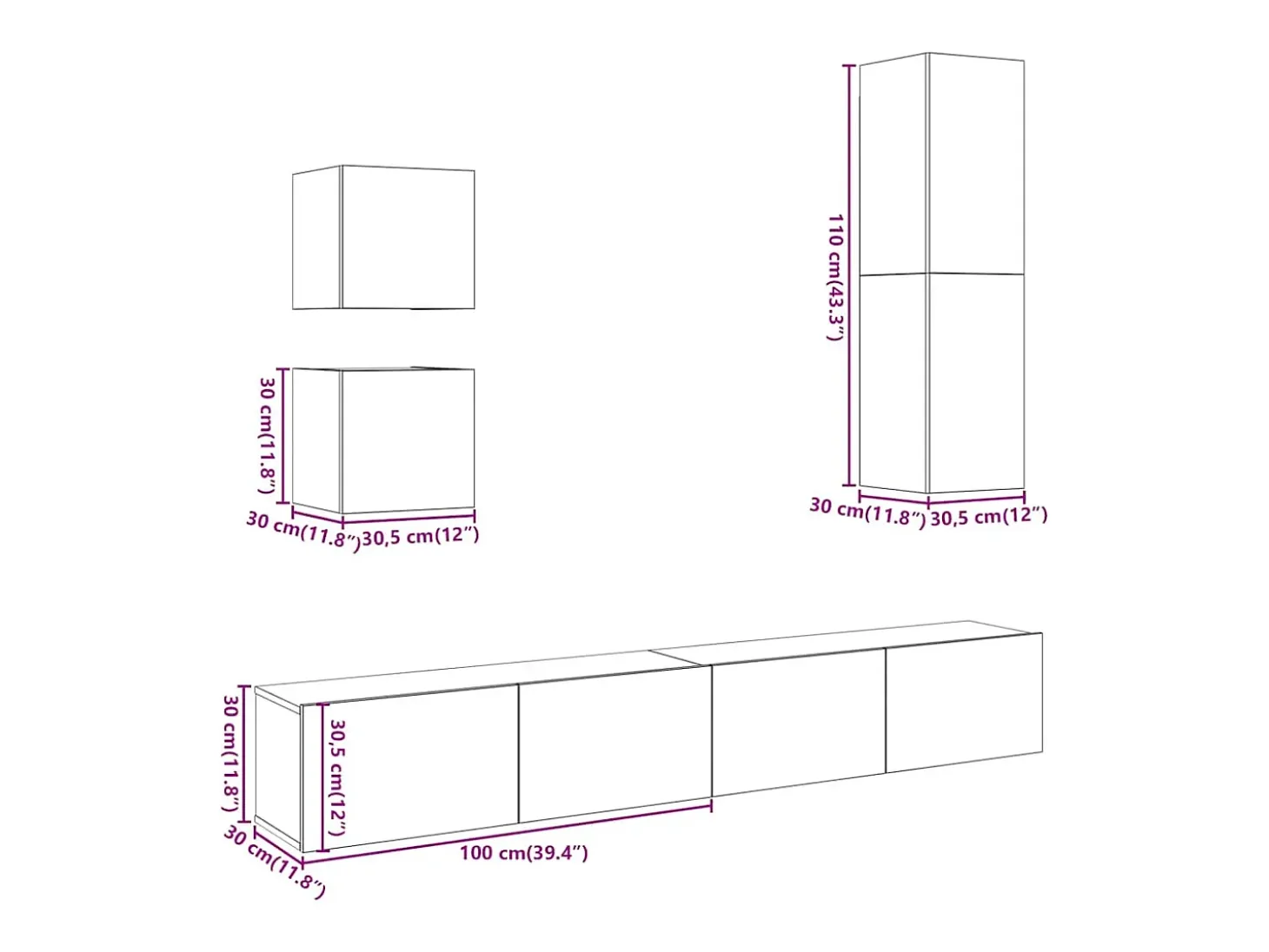 Conjunto de mueble de TV de pared de 5 piezas, madera vieja, madera de ingeniería