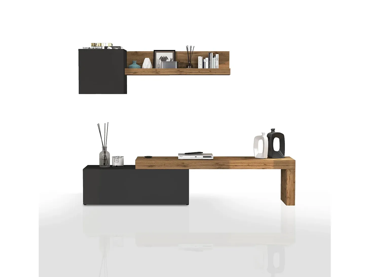 Conjunto de mueble de TV Chronos para salón en gris antracita mate y roble 180/290x40 cm