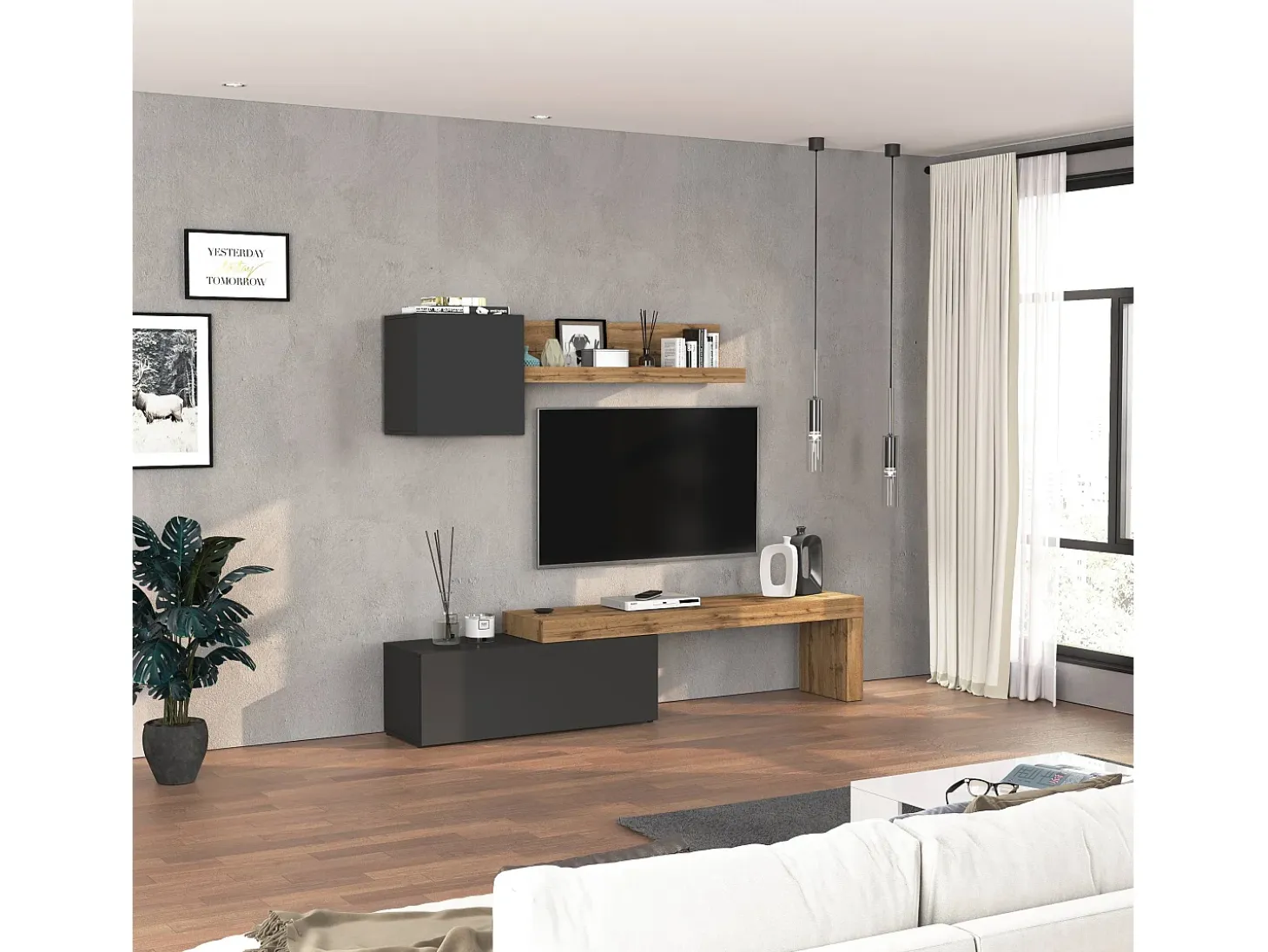 Conjunto de mueble de TV Chronos para salón en gris antracita mate y roble 180/290x40 cm