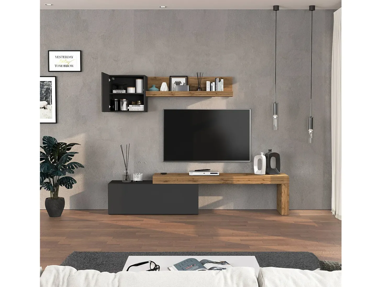 Conjunto de mueble de TV Chronos para salón en gris antracita mate y roble 180/290x40 cm