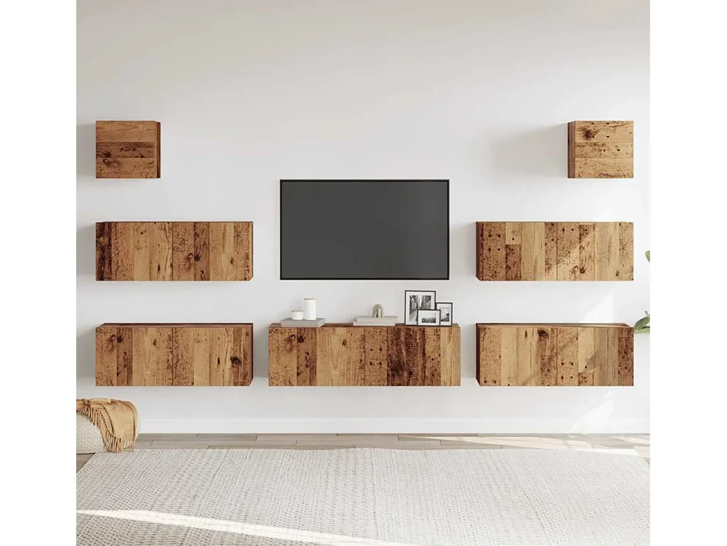 Conjunto de mueble de TV de pared de 7 piezas, madera envejecida, madera de ingeniería